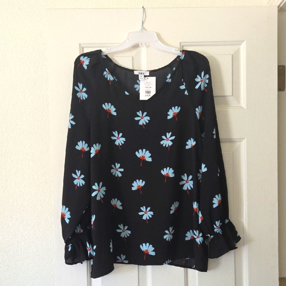 NWT Macy's BARIII Black Floral Sleeve Blouse